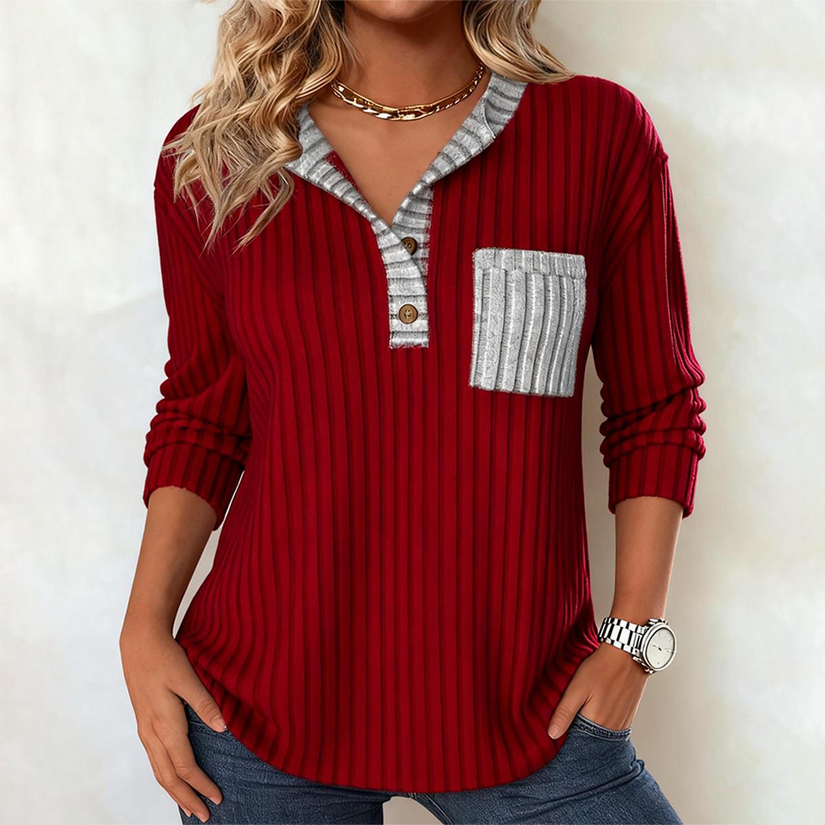 Winter Longsleeve Rot Grau V-Neck Ripp Shirt Damen Warm