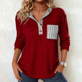 Winter Longsleeve Rot Grau V-Neck Ripp Shirt Damen Warm