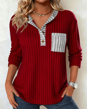 Winter Longsleeve Rot Grau V-Neck Ripp Shirt Damen Warm