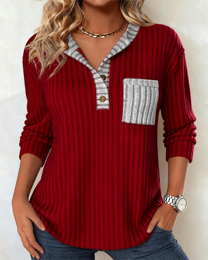 Winter Longsleeve Rot Grau V-Neck Ripp Shirt Damen Warm