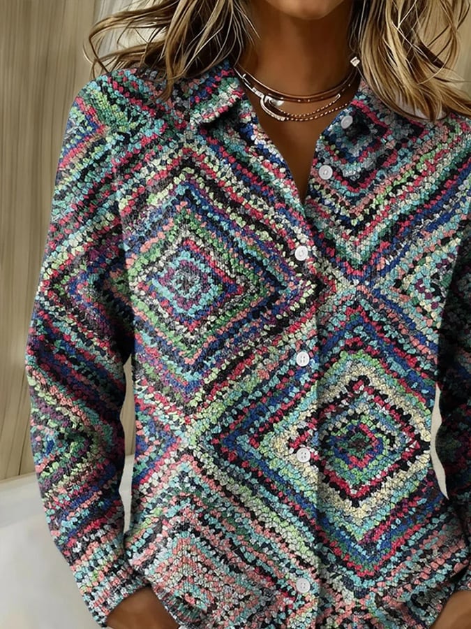 Winter Cardigan Damen bunt warm mit Diamant Kontrastprint