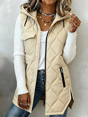 Lange Damen Steppweste Winter warm mit Kapuze beige