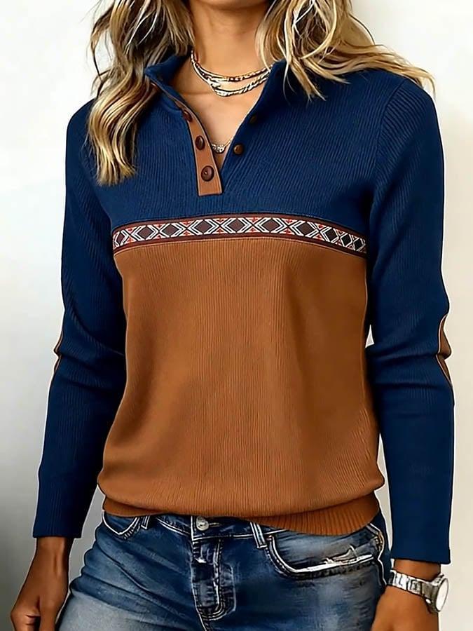 Herbstliches Langarmshirt in Braun mit Ellbogen-Patches & Farbblock-Design