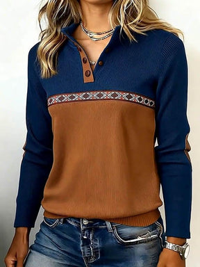 Winter Damen Longsleeve Navy Braun mit Ellbogen-Patches