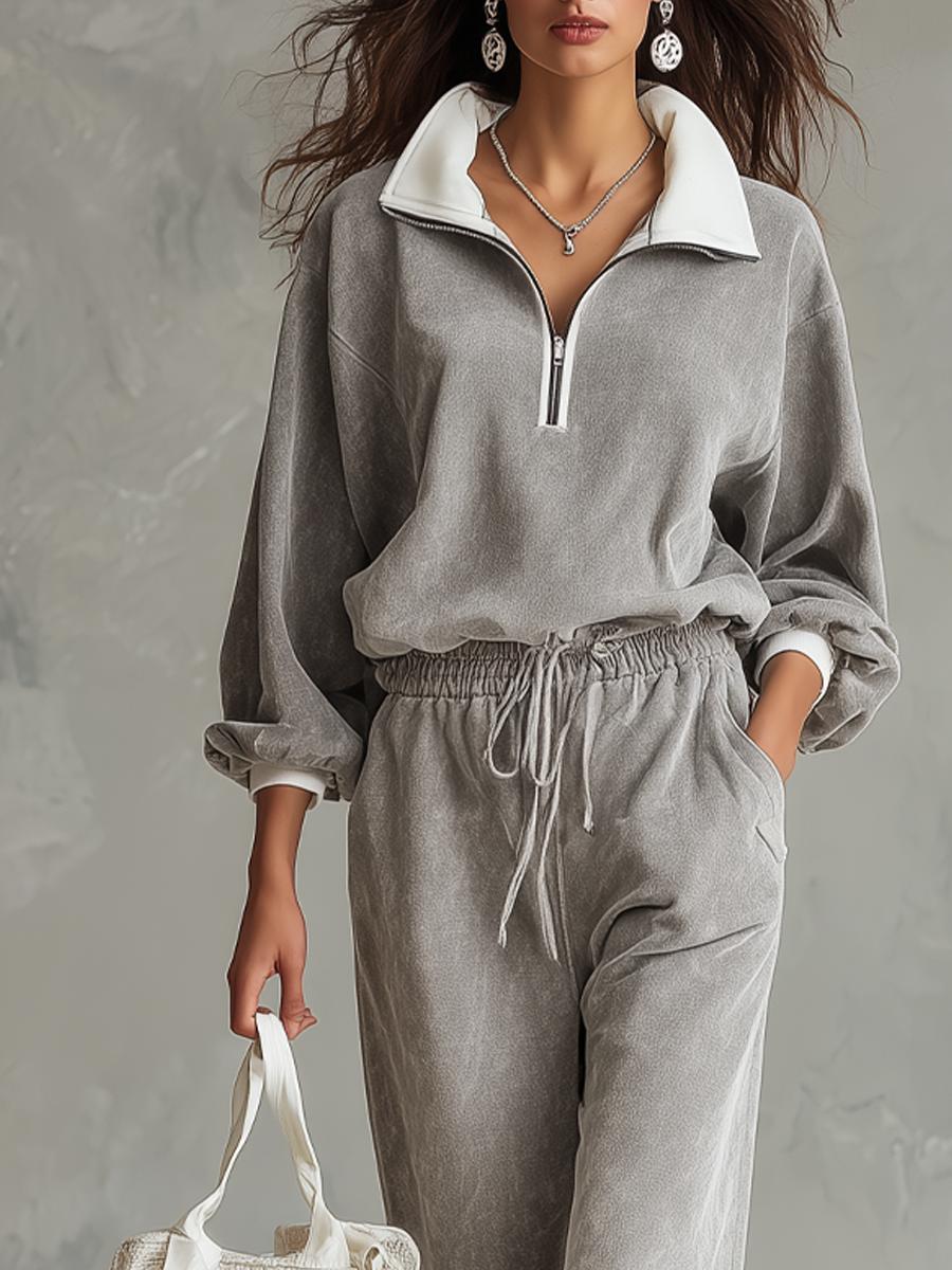 Grey Color Block Two Piece Set: Eleganz & Komfort für den Herbst