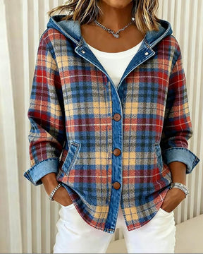 Herbstlicher Blue Plaid Denim Hoodie Coat - Trendiger Wärmespender
