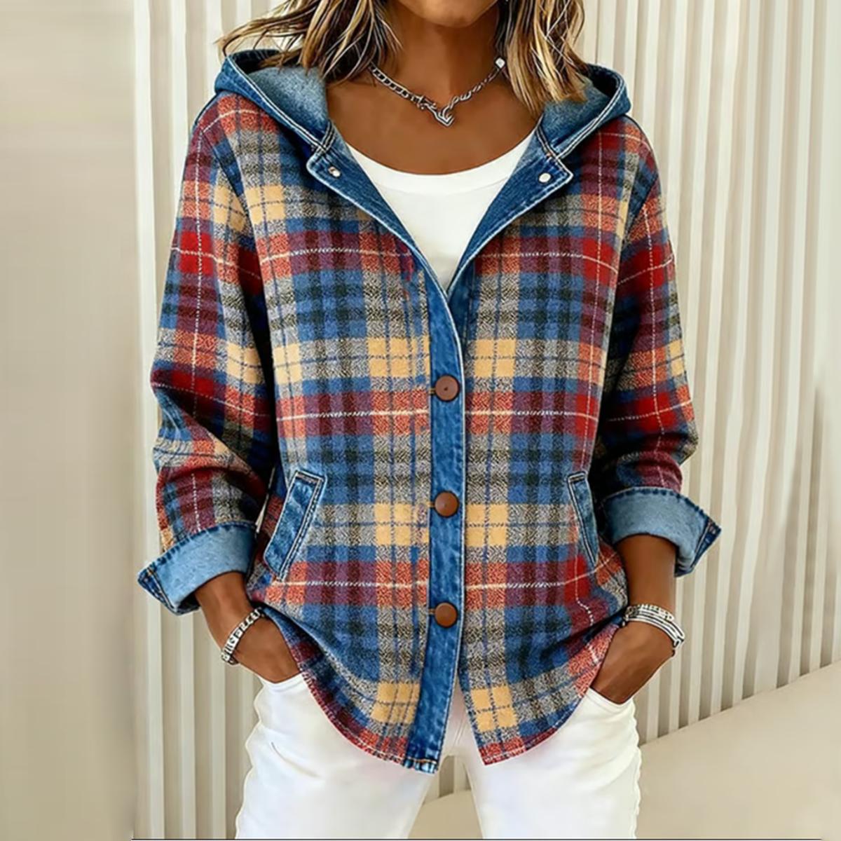 Herbstlicher Blue Plaid Denim Hoodie Coat - Trendiger Wärmespender