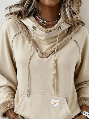 Damen Winter Hoodie Western Retro mit Teddyfutter Beige