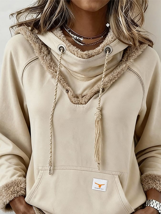 Damen Winter Hoodie Western Retro mit Teddyfutter Beige