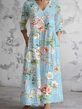 Blue V-Neck Floral Print Maxi Dress: Frühlingszauber in Eleganz & Komfort