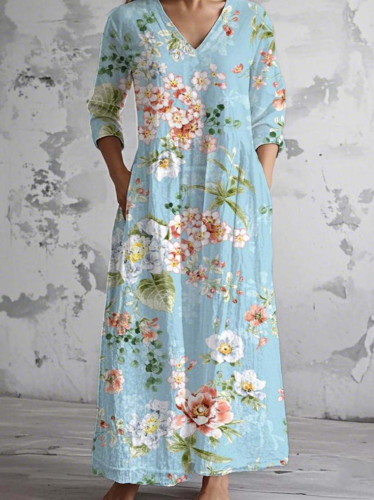 Blue V-Neck Floral Print Maxi Dress: Frühlingszauber in Eleganz & Komfort