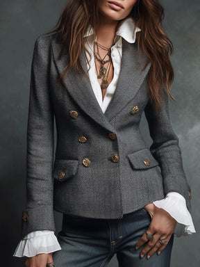 Herbst-Chic Vintage Herringbone Doppelreihiger Langarm Blazer