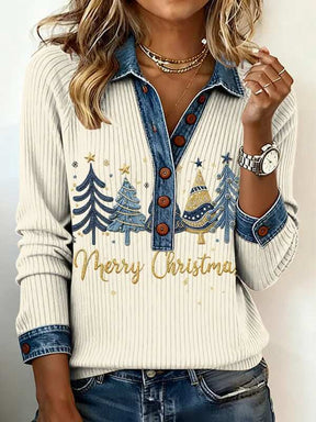 Winterliches Denim-Kragen-Oberteil mit Weihnachtsbaumstickerei - Elegant & Warm