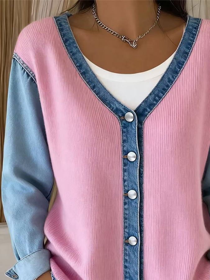 Winter Damen V-Neck Denim Cardigan rosa – warm & stylisch