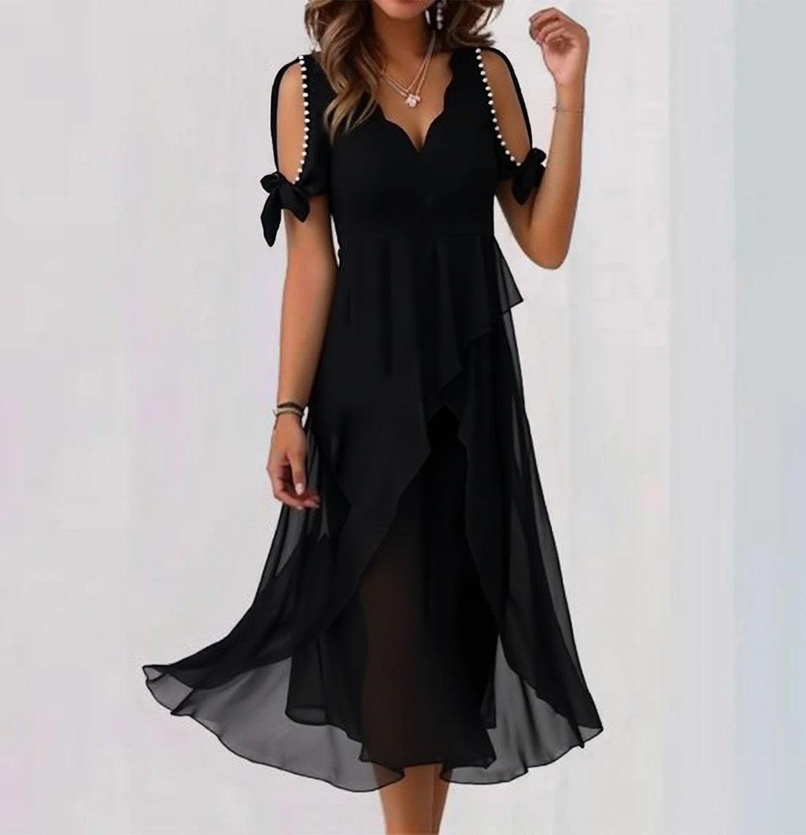 Charmantes Schwarz: V-Ausschnitt Midi-Kleid für den perfekten Herbstslook