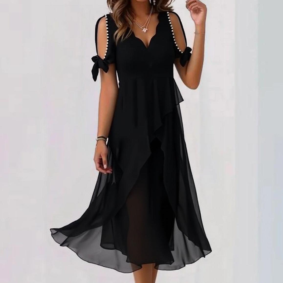 Charmantes Schwarz: V-Ausschnitt Midi-Kleid für den perfekten Herbstslook