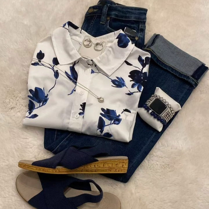 Winter Blusen-Shirt blau mit Aquarell-Blütenprint langarm