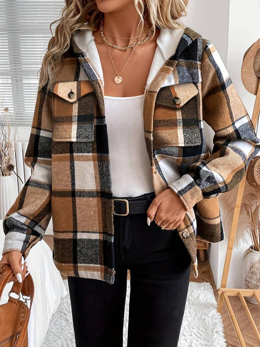 Winter-Wunder: Brown Hoodie Check Long Sleeve Jacket für Komfort & Stil