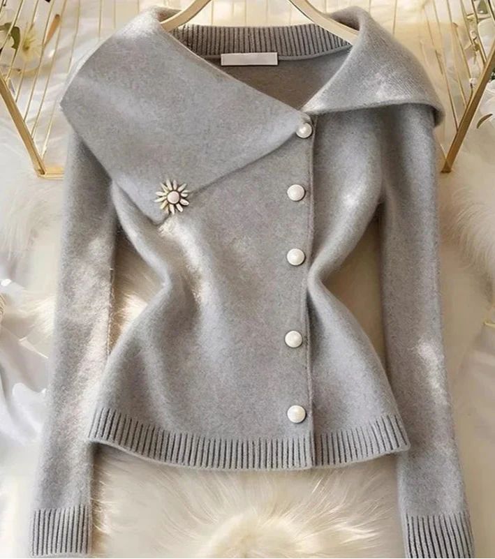Herbstliches Must-Have: Grey Plain Collared Long Sleeve Cardigan