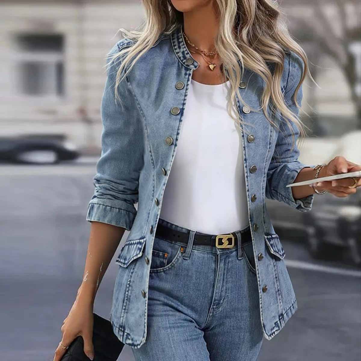 Herbstsfrischer Stylish Collarless Blue Denim Mantel - Komfort trifft Chic