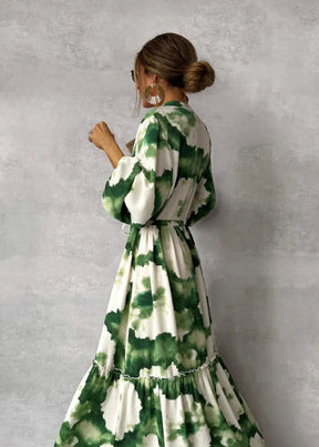 Grünes Langarm V-Ausschnitt Maxikleid - Eleganter Herbstslook in Komfort und Style