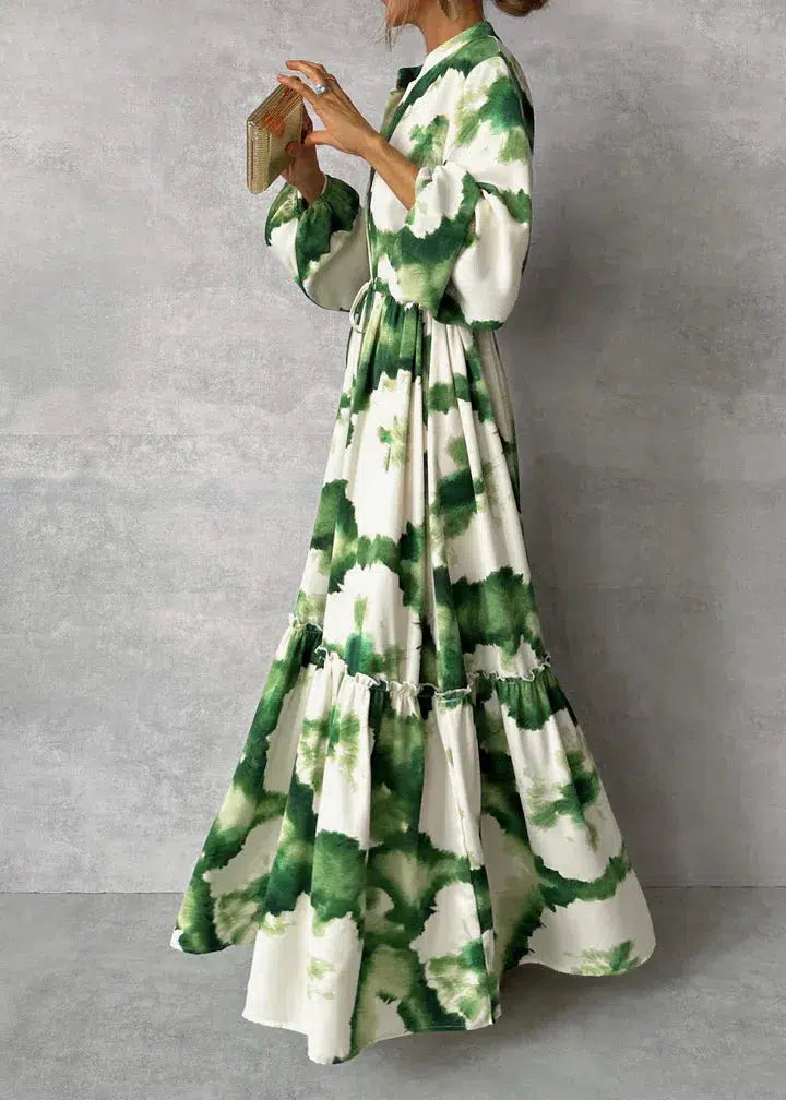 Grünes Langarm V-Ausschnitt Maxikleid - Eleganter Herbstslook in Komfort und Style