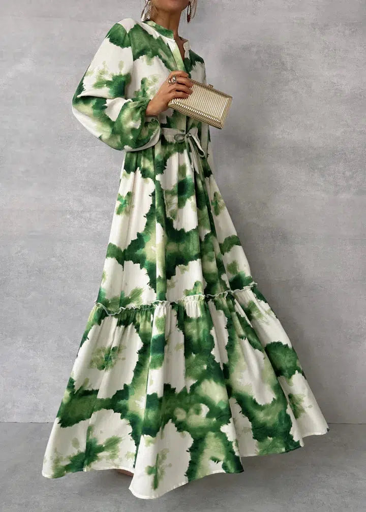 Grünes Langarm V-Ausschnitt Maxikleid - Eleganter Herbstslook in Komfort und Style
