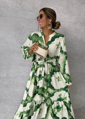 Grünes Langarm V-Ausschnitt Maxikleid - Eleganter Herbstslook in Komfort und Style