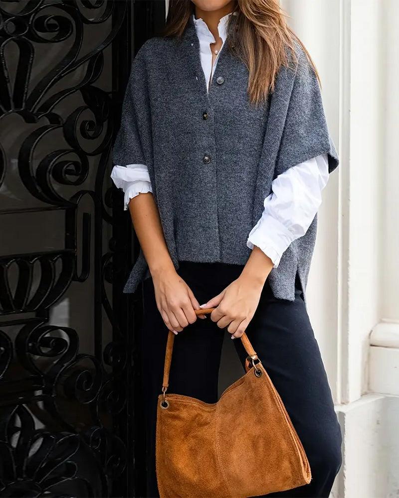 Herbstlicher Chic: Grey Short Sleeve Poncho Cardigan - Stilvoll & Komfortabel
