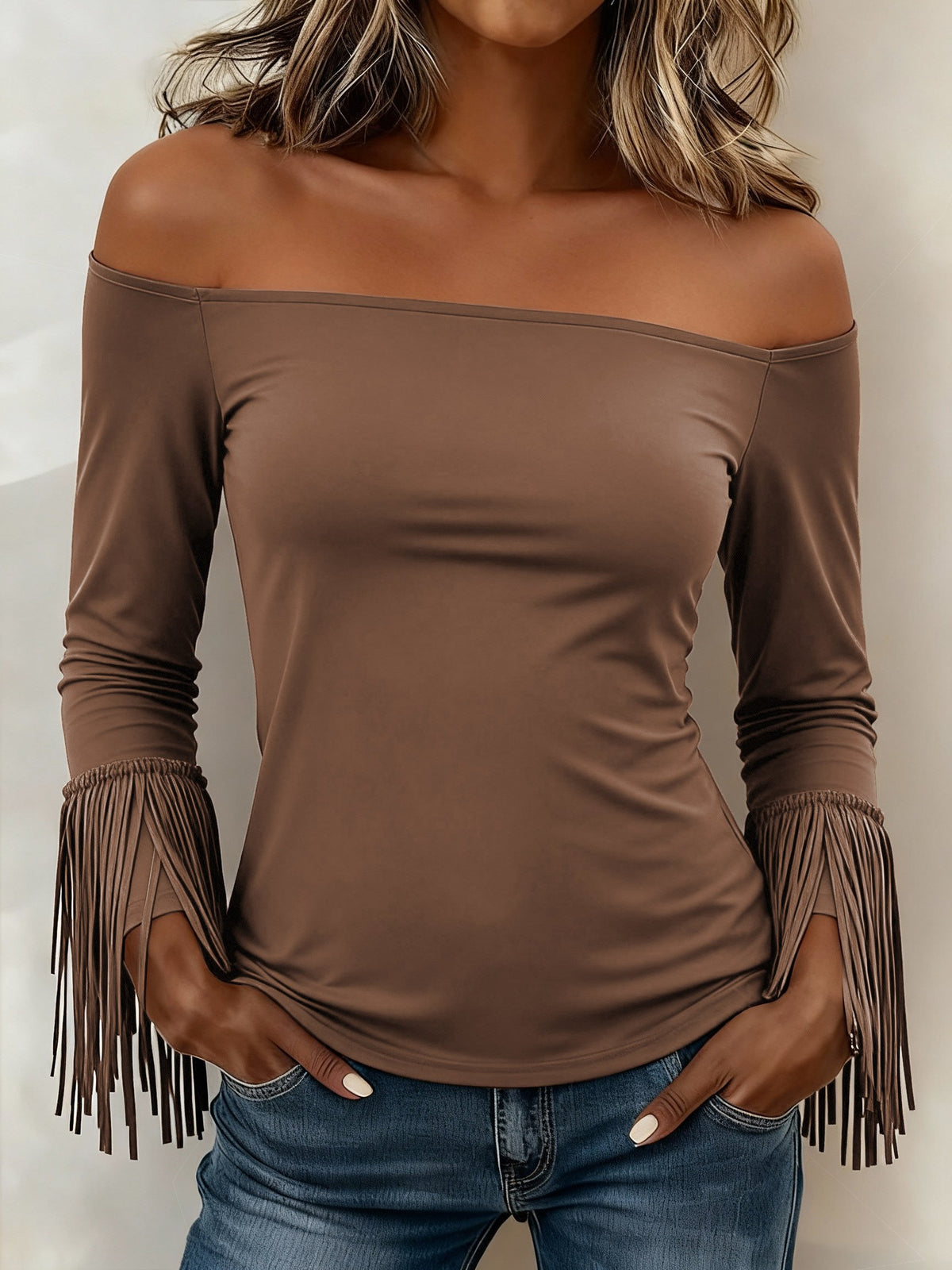 Winter Off-Shoulder Top Braun mit Fransenärmeln Party-Chic