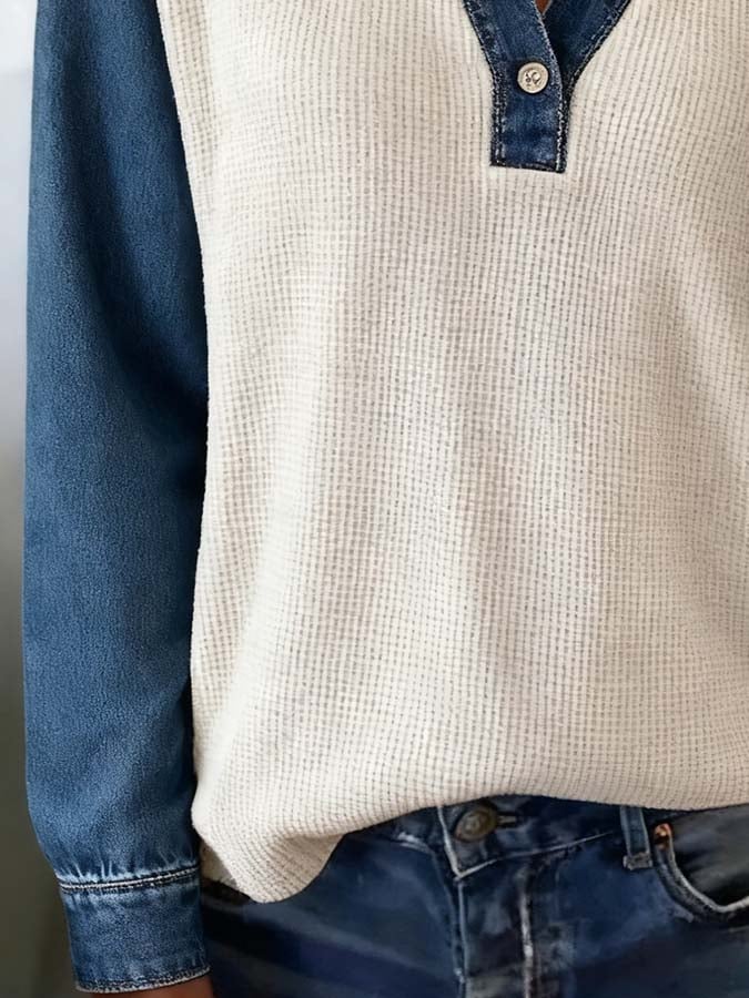 Winter Waffle Longsleeve mit Denim-Ärmeln für Damen