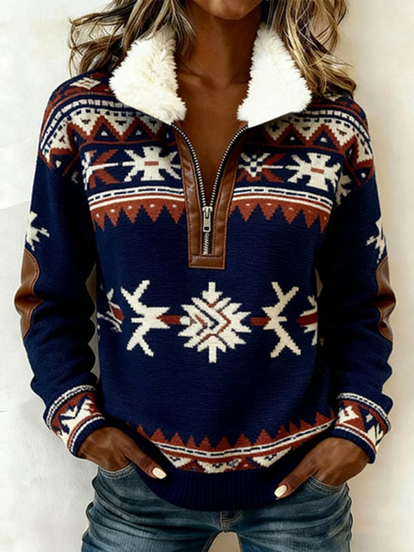 Damen Winter Pullover Navy mit Teddykragen & Norweger Muster
