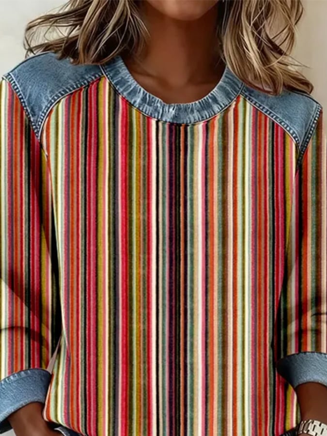 Warmer Retro Streifenpullover mit Denim-Details für Winter