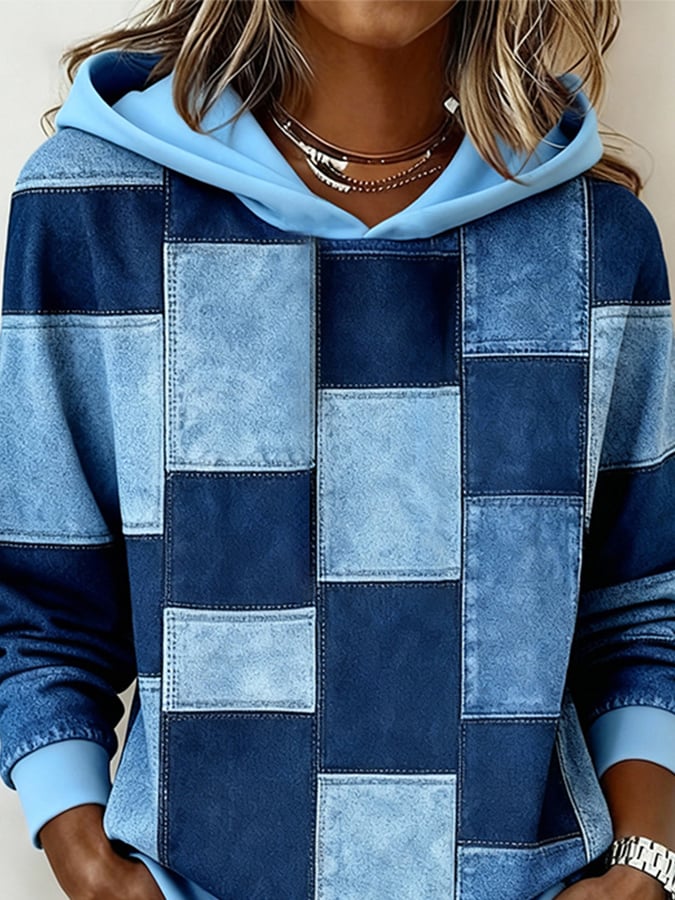 Damen Winter Hoodie Sweatshirt Patchwork Blau Kapuze Warm