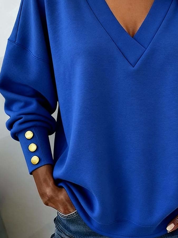 Winter Damen Sweatshirt Royalblau V-Ausschnitt warm elegant