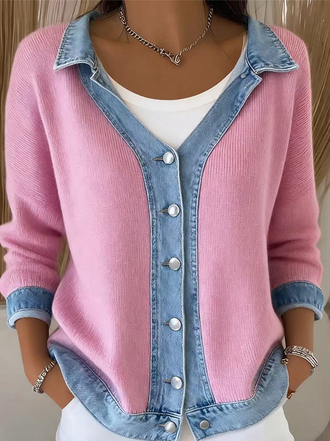 Winter Damen Strick Cardigan Rosa Denim Patchwork Warm