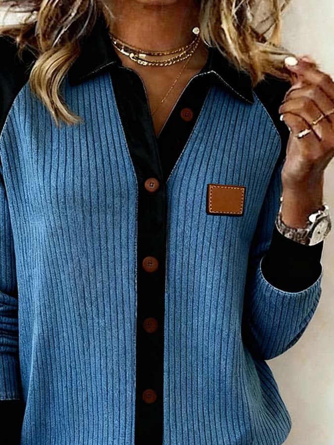 Blue Ribbed Button Front Color Block Outerwear - Winterliches Stilhighlight mit Komfort