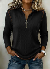 Winter Damen Zipper Pullover Schwarz – Warmes Longsleeve Top