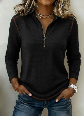 Winter Damen Zipper Pullover Schwarz – Warmes Longsleeve Top