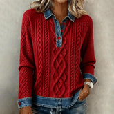Herbstlicher Roter Strickpullover mit Denim-Kragen - Komfort trifft Stil