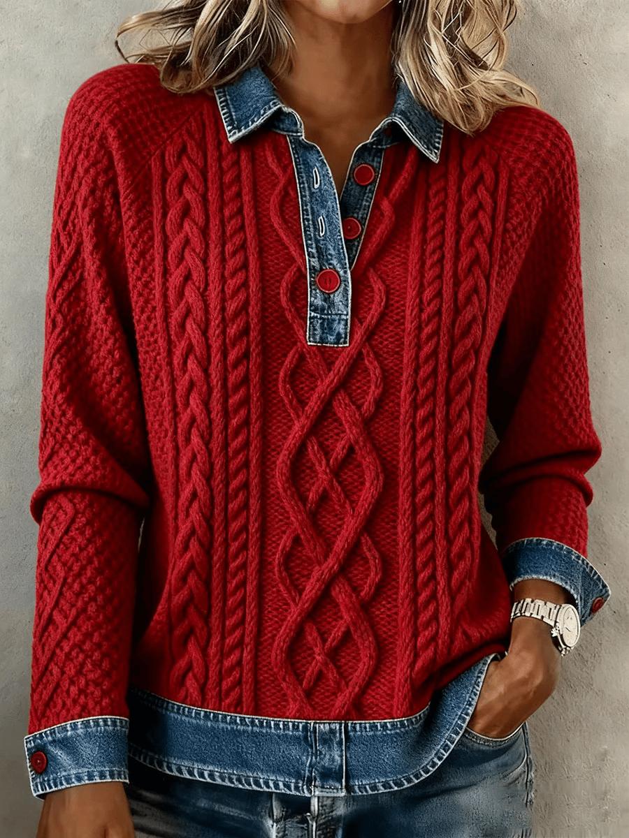 Herbstlicher Roter Strickpullover mit Denim-Kragen - Komfort trifft Stil