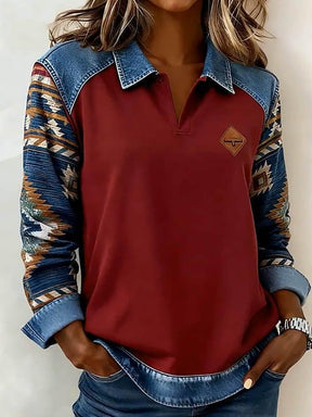Red Aztec Print Patchwork Denim Sweatshirt - Winterlicher Streetwear Stil