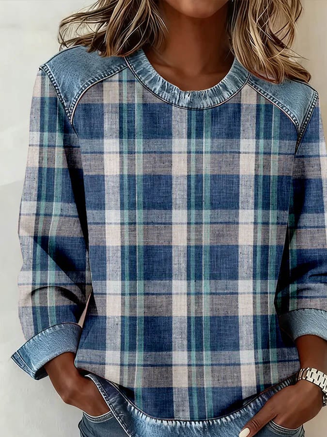 Winter Denim Patchwork Pullover Damen – warm & stylisch