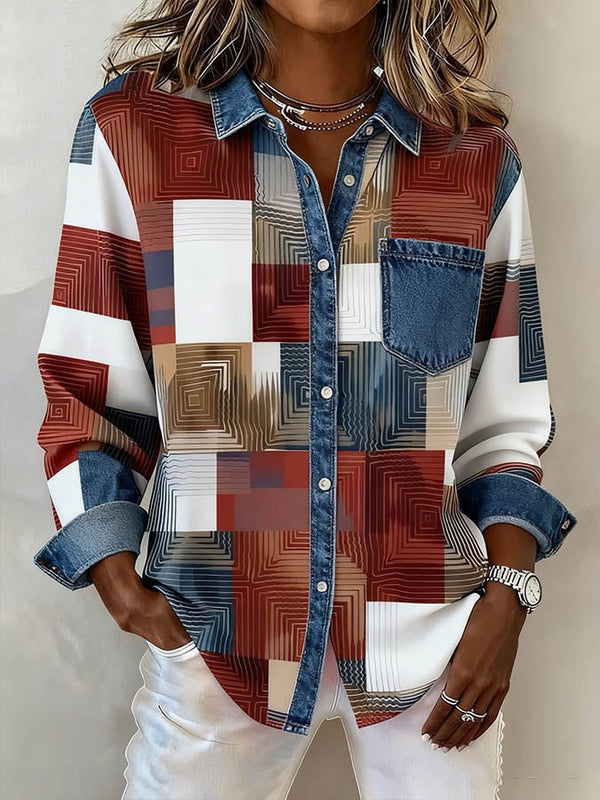 Winter Damen Patchwork Hemd warmes Casual Denim-Shirt