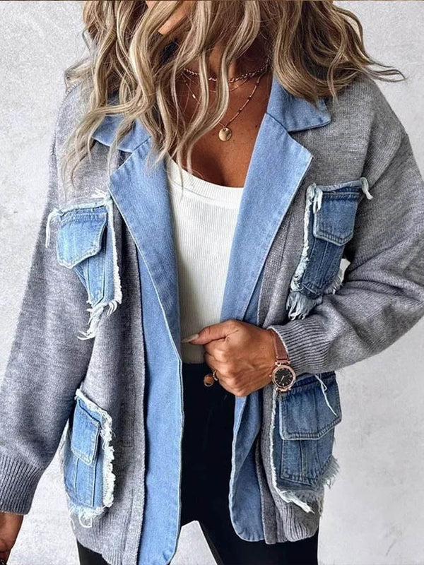 Warme Damen Strick Patchwork Denim Jacke für Winter-Outfits