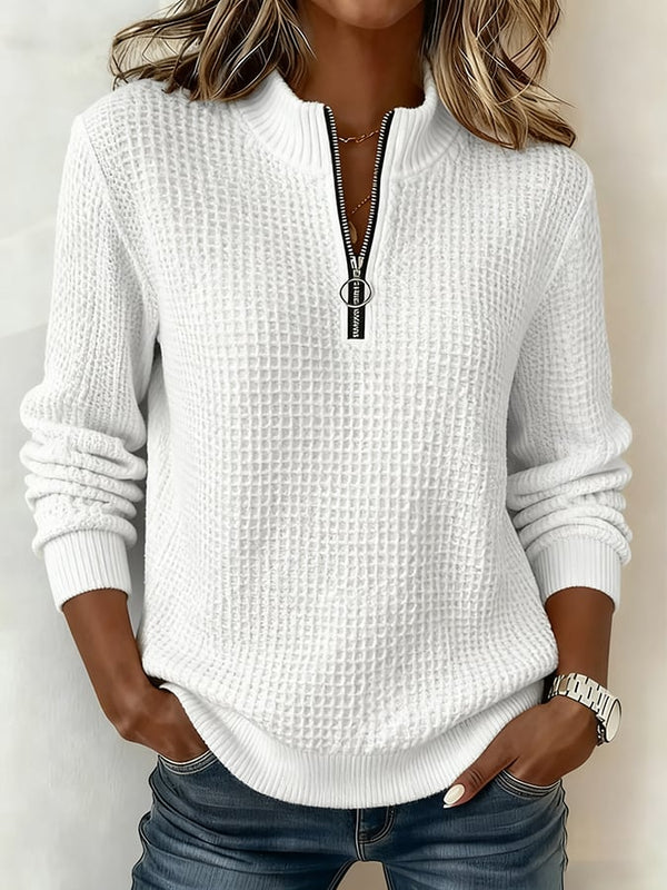 Kuscheliges Waffelstrick Sweatshirt Damen Winter Weiß Zipper
