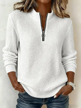 Kuscheliges Waffelstrick Sweatshirt Damen Winter Weiß Zipper