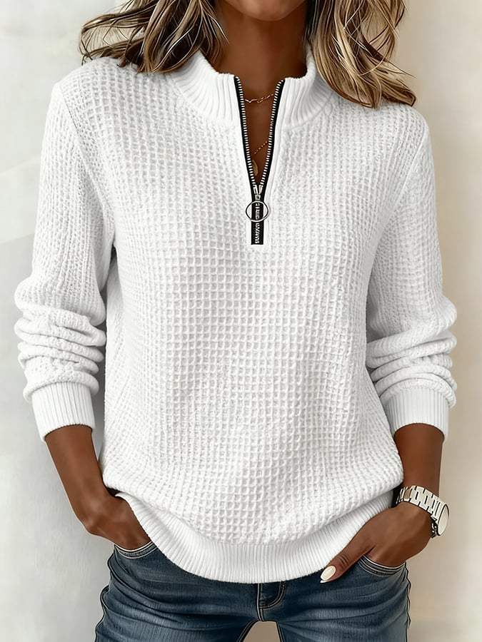 Kuscheliges Waffelstrick Sweatshirt Damen Winter Weiß Zipper