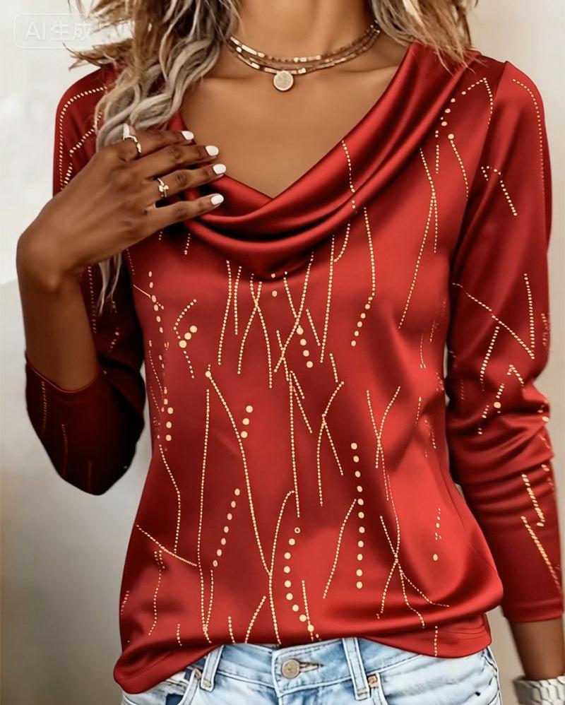 Rotes Winter Longsleeve mit Goldprint – festlich & elegant