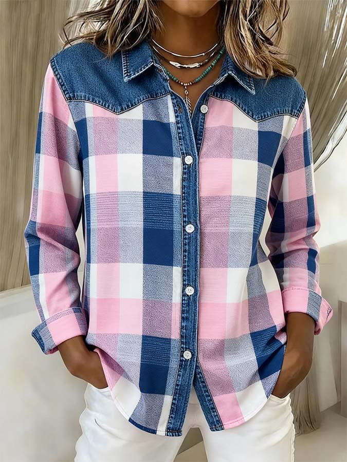 Winter Damen Karoblusenhemd mit Denim-Details, kuschelig casual